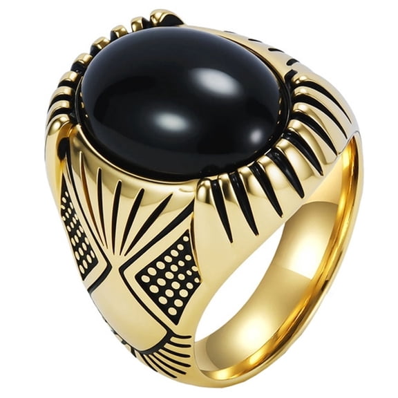 PAMTIER Men's Stainless Steel Vintage Punk Black Gemstone Ring Gold Size 9