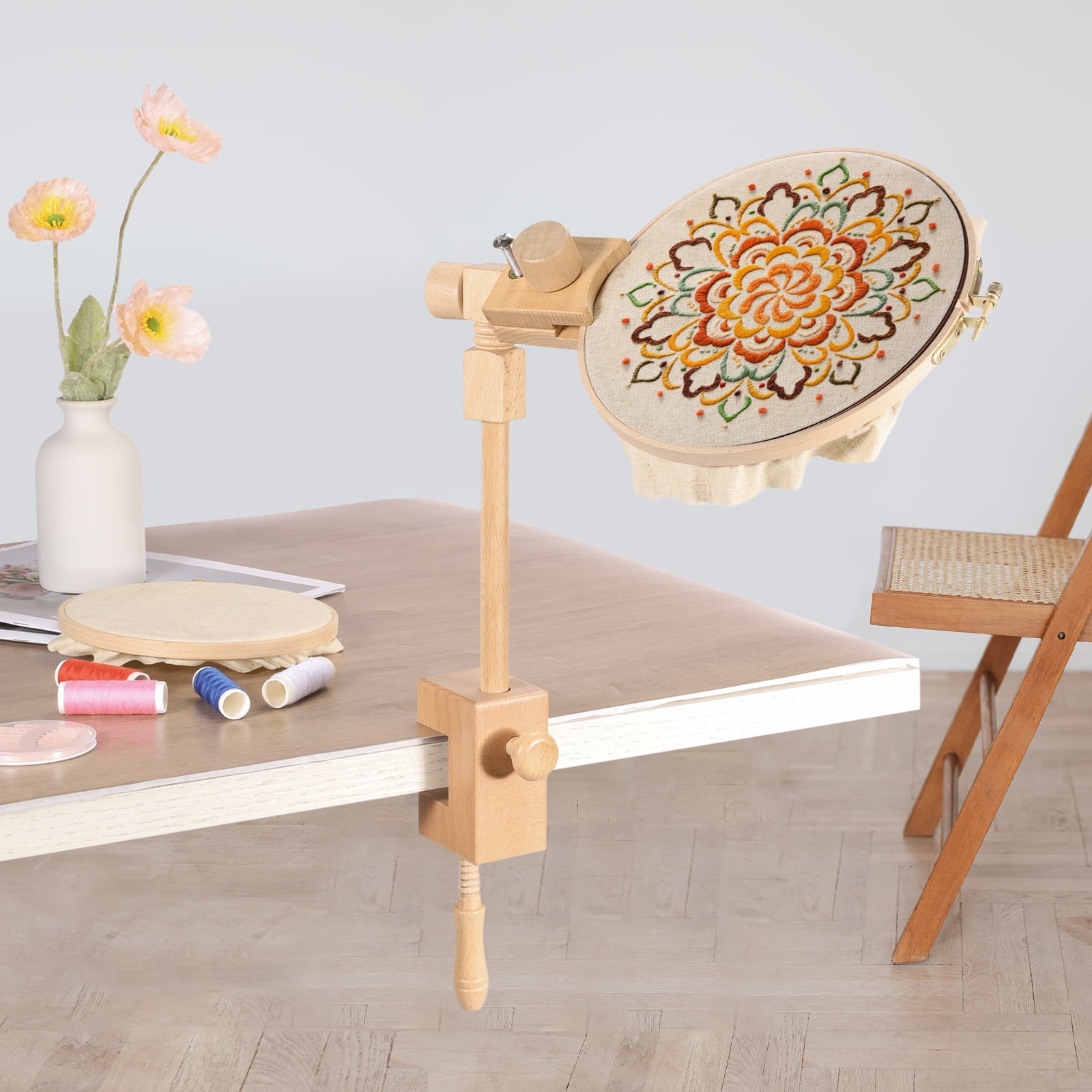 Uxcell Embroidery Hoop Stand, Adjustable Beech Wood Cross Stitch Holder for DIY Art Craft, with 6" & 8" Embroidery Hoop