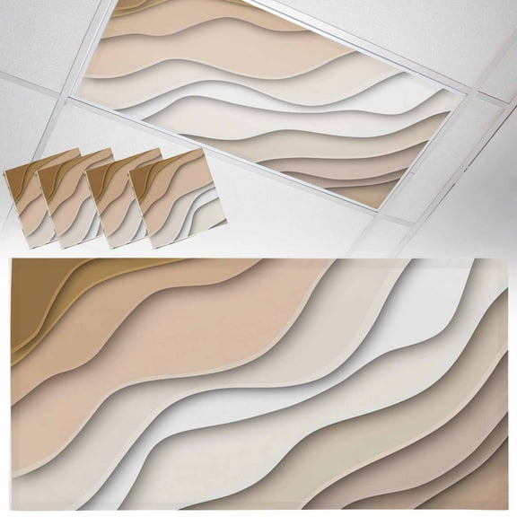 Ceiling Light Cover for Classroom, Beige Brown Beach Coastal Magnetic Fluorescent Light Covers Filter for School,Office, 2X4  FT, Pack of 4, Abstract Geometric Ocean Waves