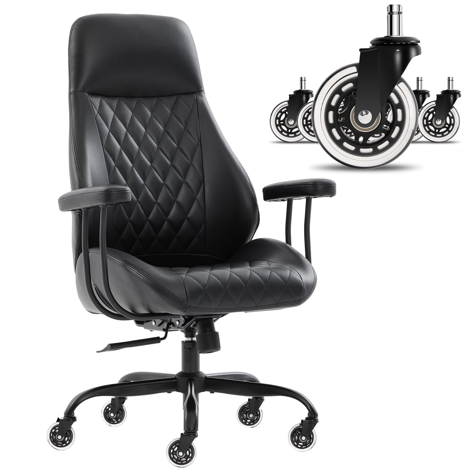 E-Motie Home Office Desk Chair, Ergonomic High Back Leather Computer Chair with Lumbar Support, Adjustable Height & Recline, Swivel Executive Office Chair with Armrests and Rubber Casters, Black