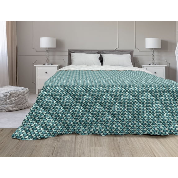 Moroccan Down Alternative Comforter, Traditional Design Tile with Geometric Floral Motifs Curly Details, Microfiber Quilt for All Season, 5 Sizes, Blue Sepia Redwood, by Ambesonne