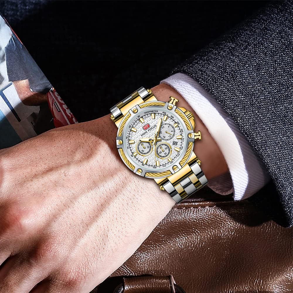 Business Men Watches (Chronograph/Waterproof/Luminous/Calendar/24 Hours) Big Face Stainless Steel Band Watches for Men