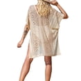thumbnail image 2 of hirigin Bikini Cover Up Dresses for Women, Plain V-Neck Short Sleeve Hollow Sheer Beach Dress, Ladies High Split Swimwear Cover-Up, 2 of 3