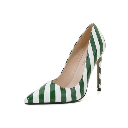 

Wazshop Womens Dress Shoes Striped Pumps Slip On Stiletto Heels Lightweight Pointy Toe Pump Women Work Shoe Very High Comfort Green 5