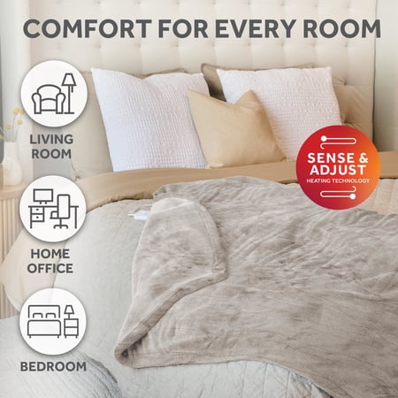 SUNBEAM ELECTRIC HEATED THROW BLANKET OVERSIZE WASHED STONE MICROPLUSH 4 HEAT SETTINGS