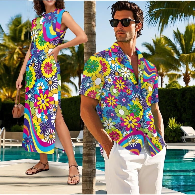 60s beach dress Jeiento 60s 70s Hippie Flower Power Husband and Wife Clothing Matching Couple Outfits Trendy Sleeveless Dress Summer Shirts for Beach Travel, Women's,