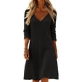 thumbnail image 2 of Gamivast Linen Dresses for Women Long Sleeve V Neck Loose Fit Shift Midi Dress Solid Color Flowy Comfy Flattering Casual Daily Everyday Wear Summer Dresses Spring Dresses, 2 of 8
