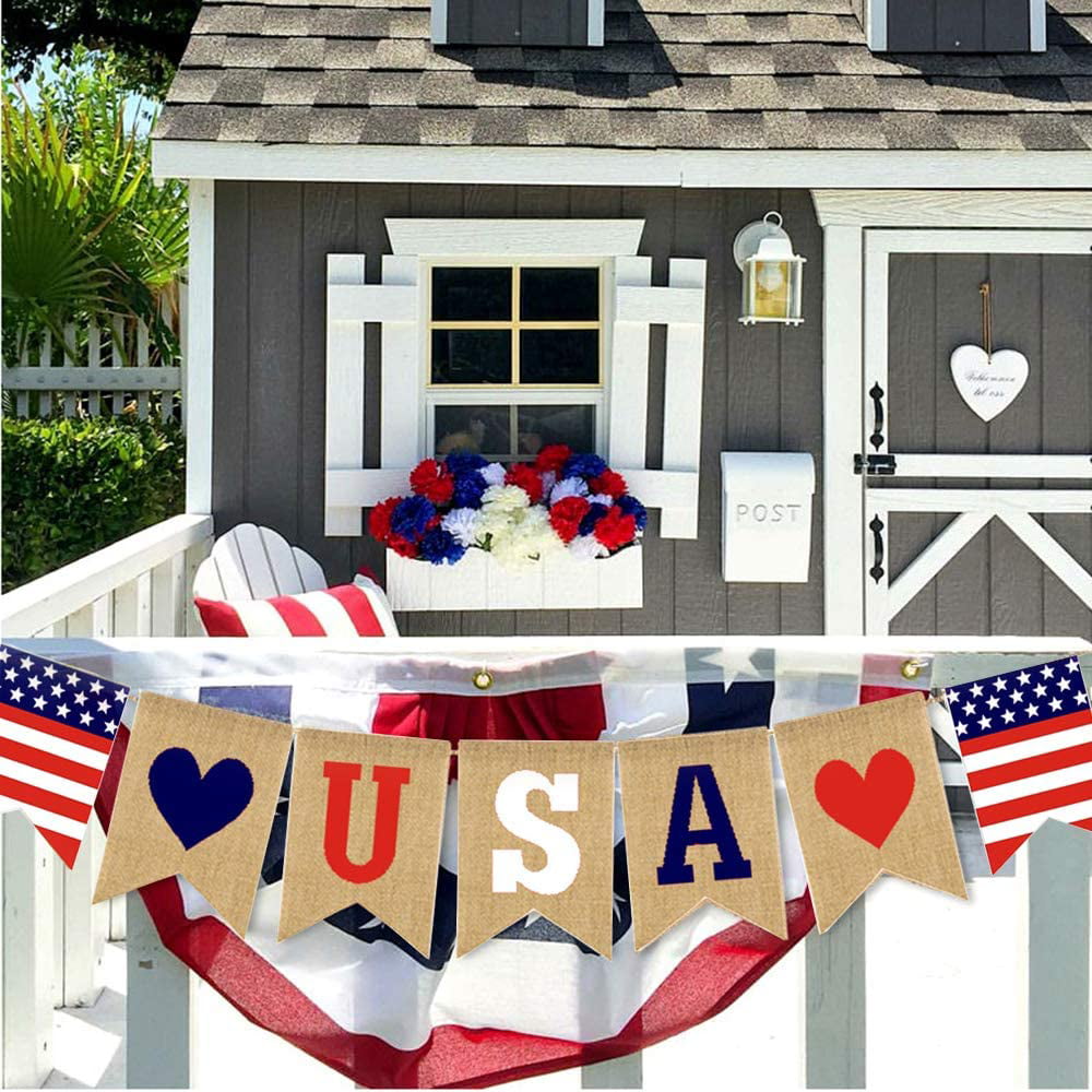 Jute Burlap USA String Pennant flag Banner for Mantel Fireplace Patriotic Events Sports Bars Party Decor Supplies 4th/fourth of July American Independence Day Patriotic Decorations 