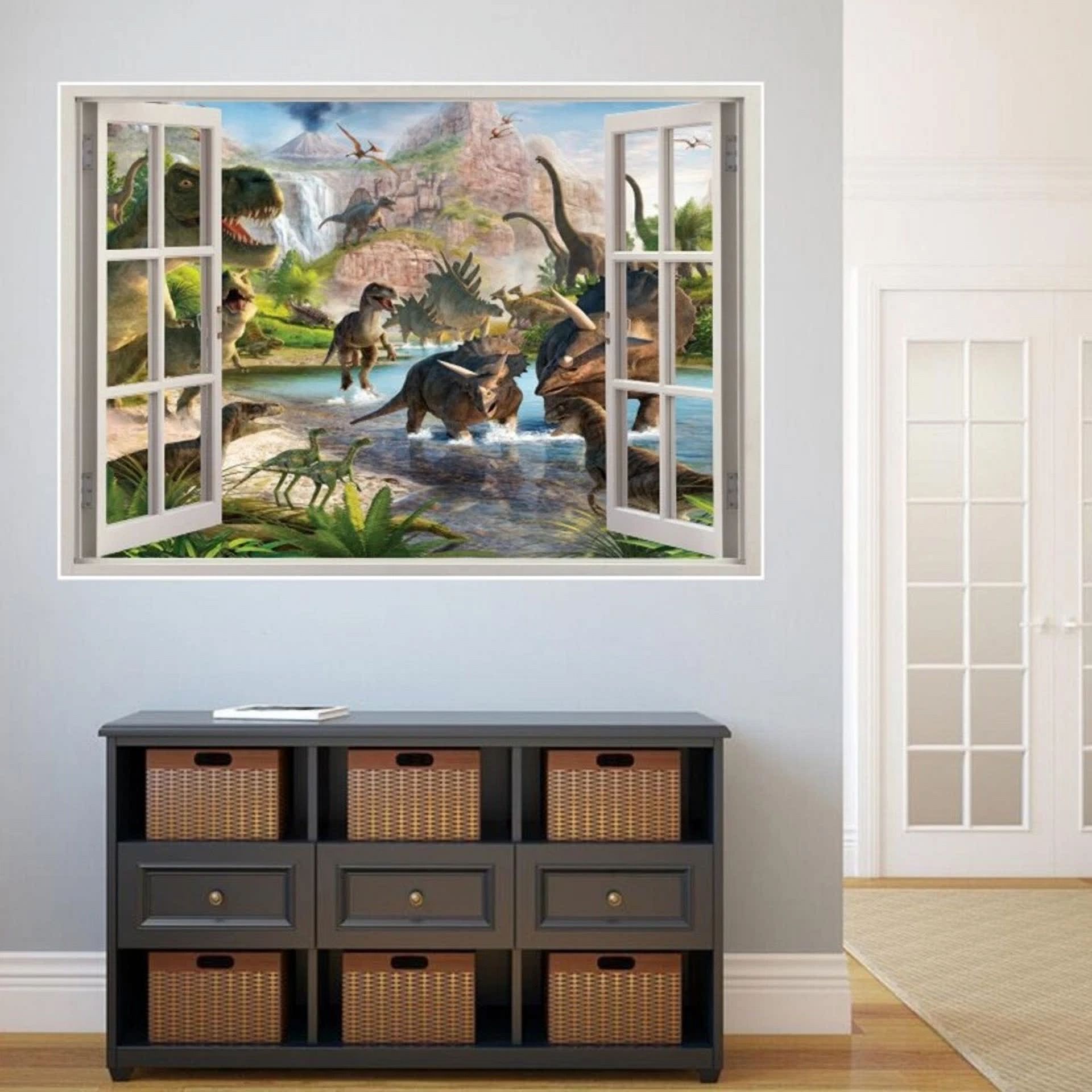 Fake Window Self-Adhesive Dinosaur Wall Stickers Children'S Bedroom Decoration