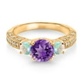 thumbnail image 2 of Gem Stone King 18K Yellow Gold Plated Silver Purple Amethyst White Opal and White Moissanite Engagement Ring for Women (1.78 Cttw, Gemstone February Birthstone, Round 7MM and 4MM, Size 8), 2 of 3