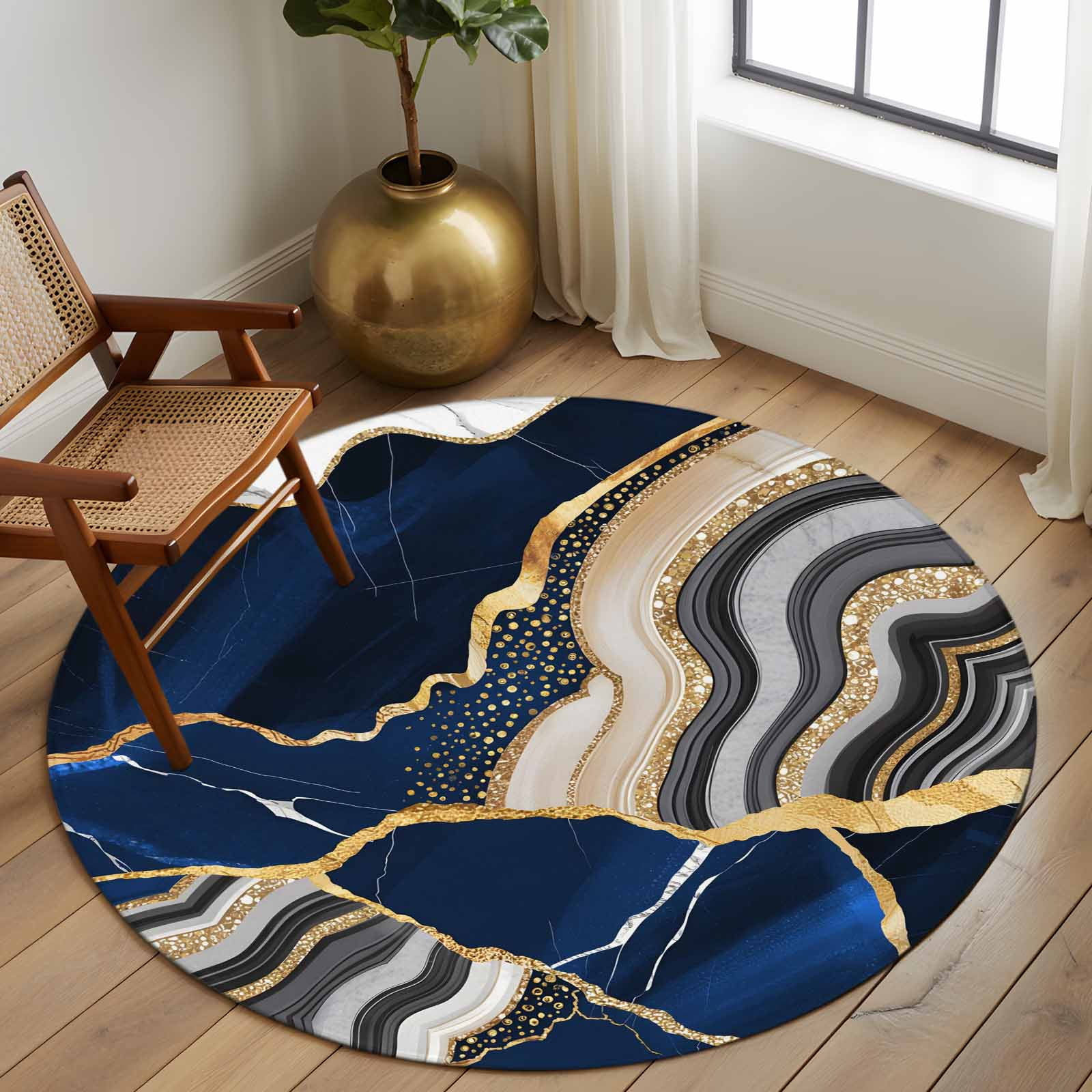 Blue Marble Round Rug 5ft Washable Circle Kitchen Rugs Non Slip