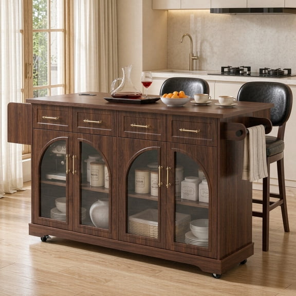 Rolling Kitchen Island Cabinet with Drawers & Drop Leaf, Storage Cart on Wheels with Arched Glass Doors, Power Outlet & Spice Rack