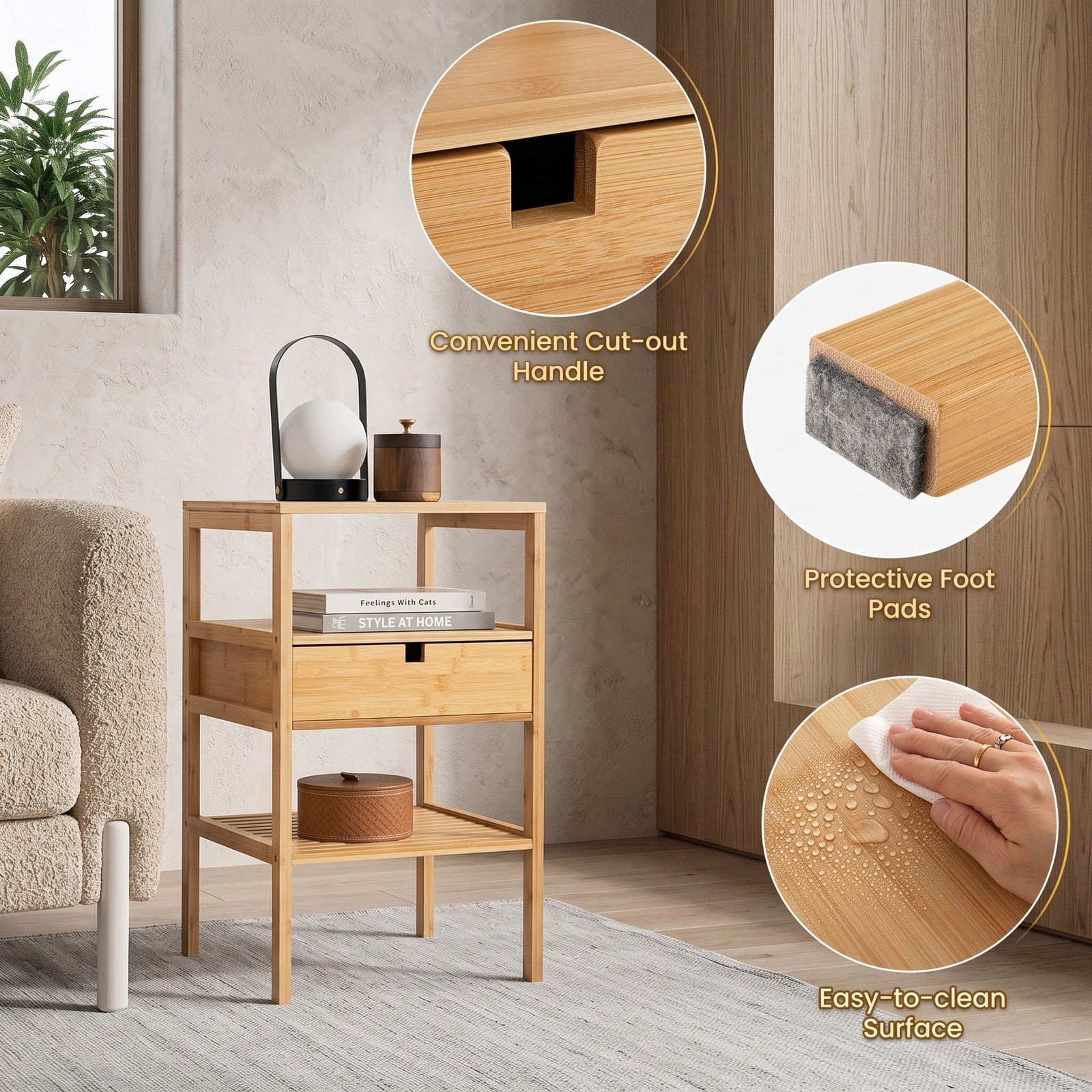 Furnibear Bamboo Nightstand with Storage Drawer and Slatted Open Shelf for Bedroom Living Room and Study Room, Wood Bedside Table, Natural