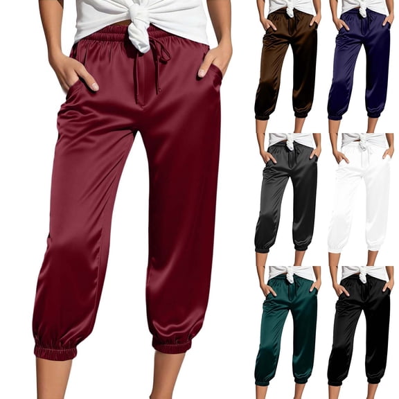 GEWSEY Satin Capri Pants for Women High Waist Lightweight Drawstring Casual Cropped Trouser Loose Fit Fashion Solid Trousers (Black, M)