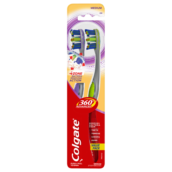 Colgate 360 Advanced 4 Zone Manual Toothbrush with Tongue and Cheek Cleaner, Medium, 2 Ct