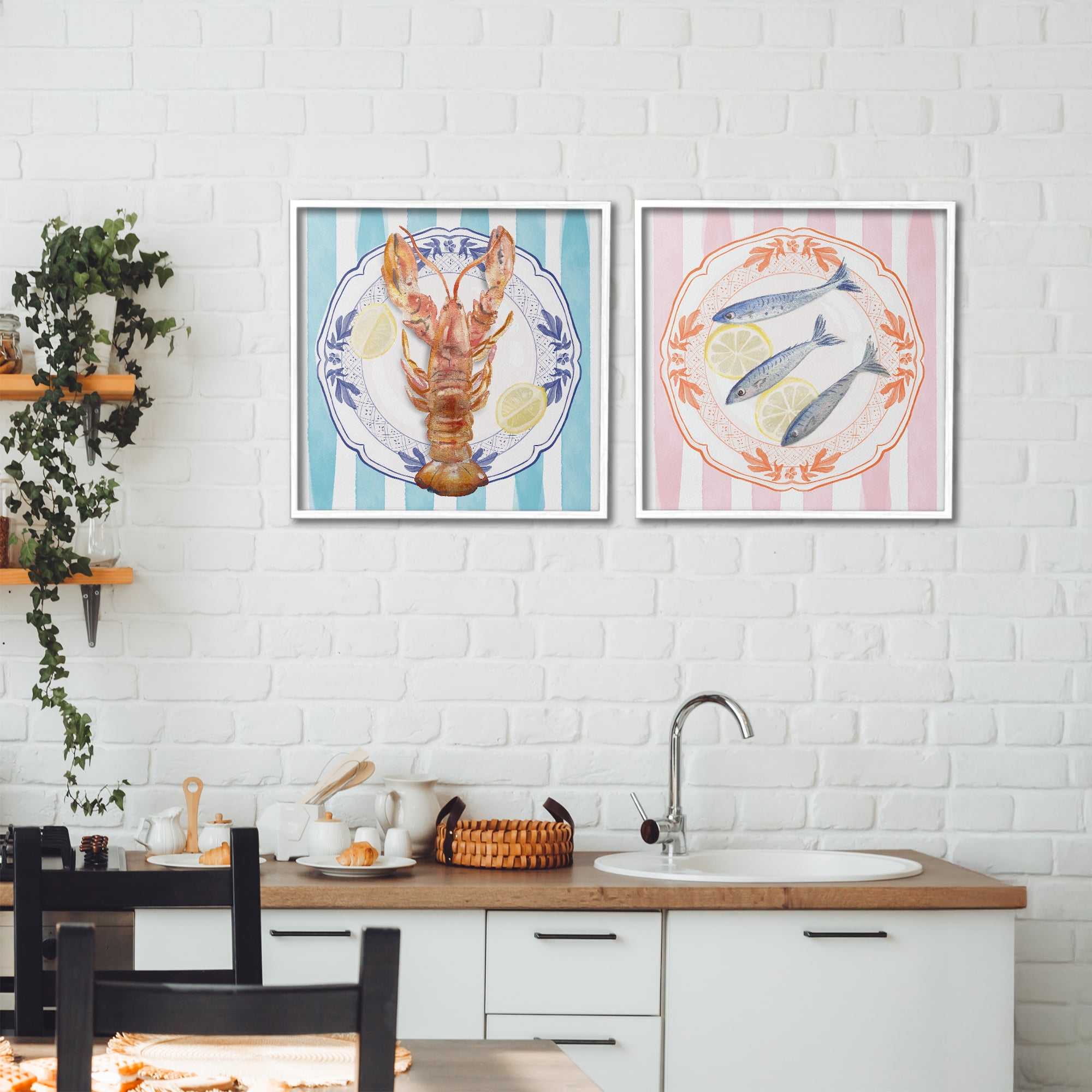 Stupell Industries Lobster & Sardines Plates 2 Piece White Framed Giclee Art Set, design by Christie Adams