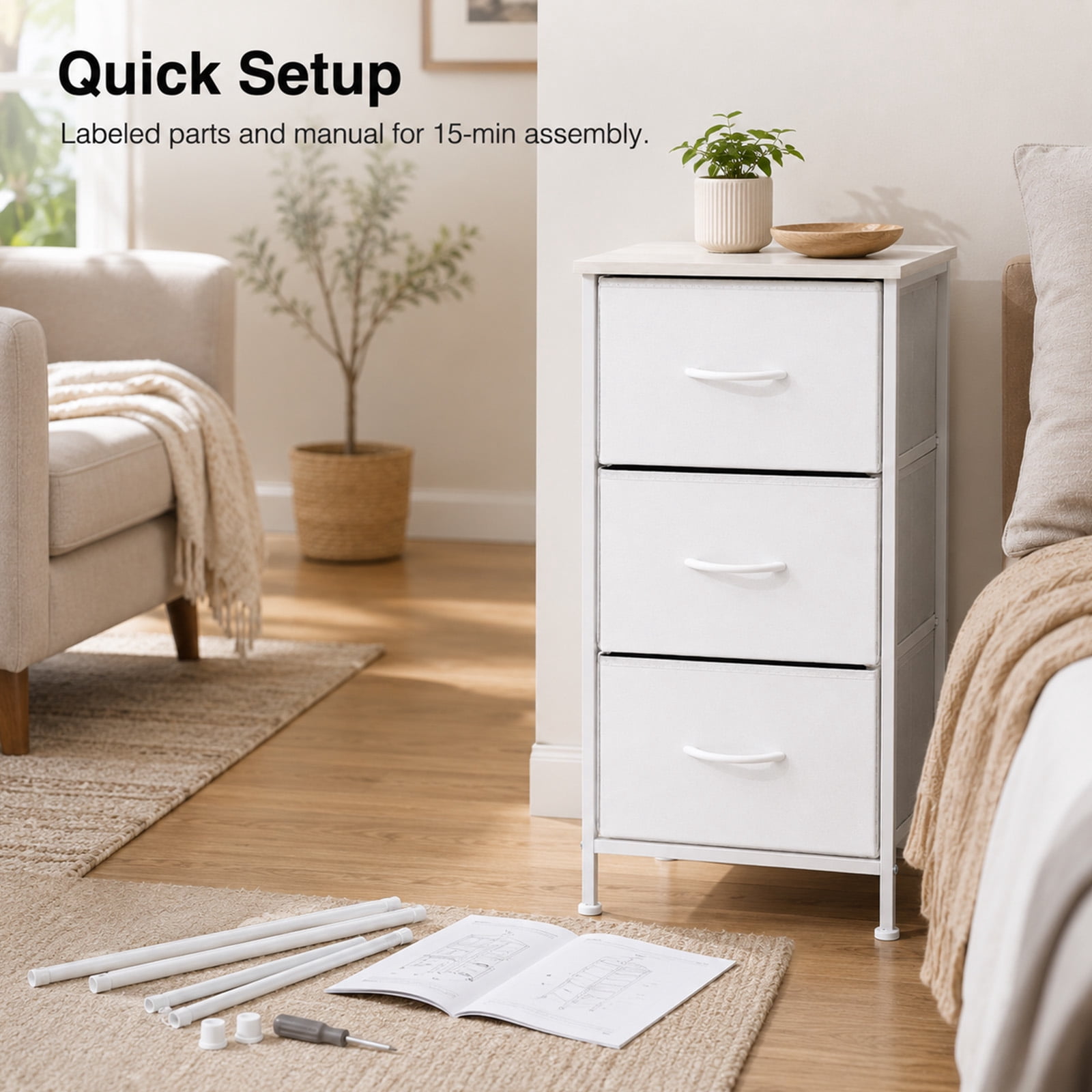 Alvantor 3-Tier Drawer Fabric Dresser, Roomy Fabric Drawers, Compact Nightstand, Bedroom or Closet Use, Chest Of Drawers, Dresser for Small Spaces
