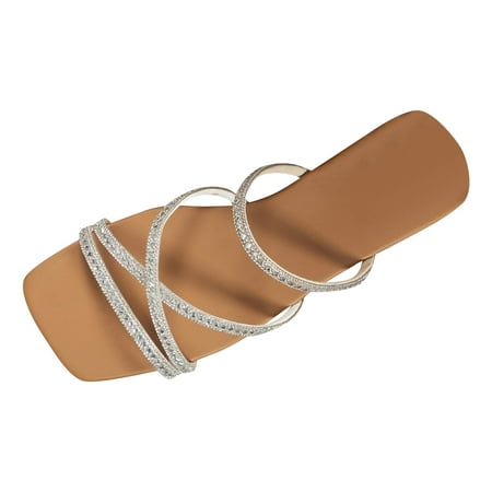 

CLZOUD Sandals for Woman Silver Women Sandals Fashion Rhinestone Decoration Summer New Pattern Vintage Square Toe Open Toe Comfortable Non Slip Flat Bottom Slip On 38
