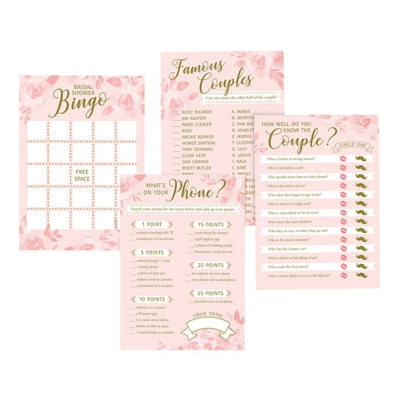 Lillian Rose Set of 4 Printed Blush Pink and Gold Bridal Shower Games for 25 (Best Four Player Card Games)