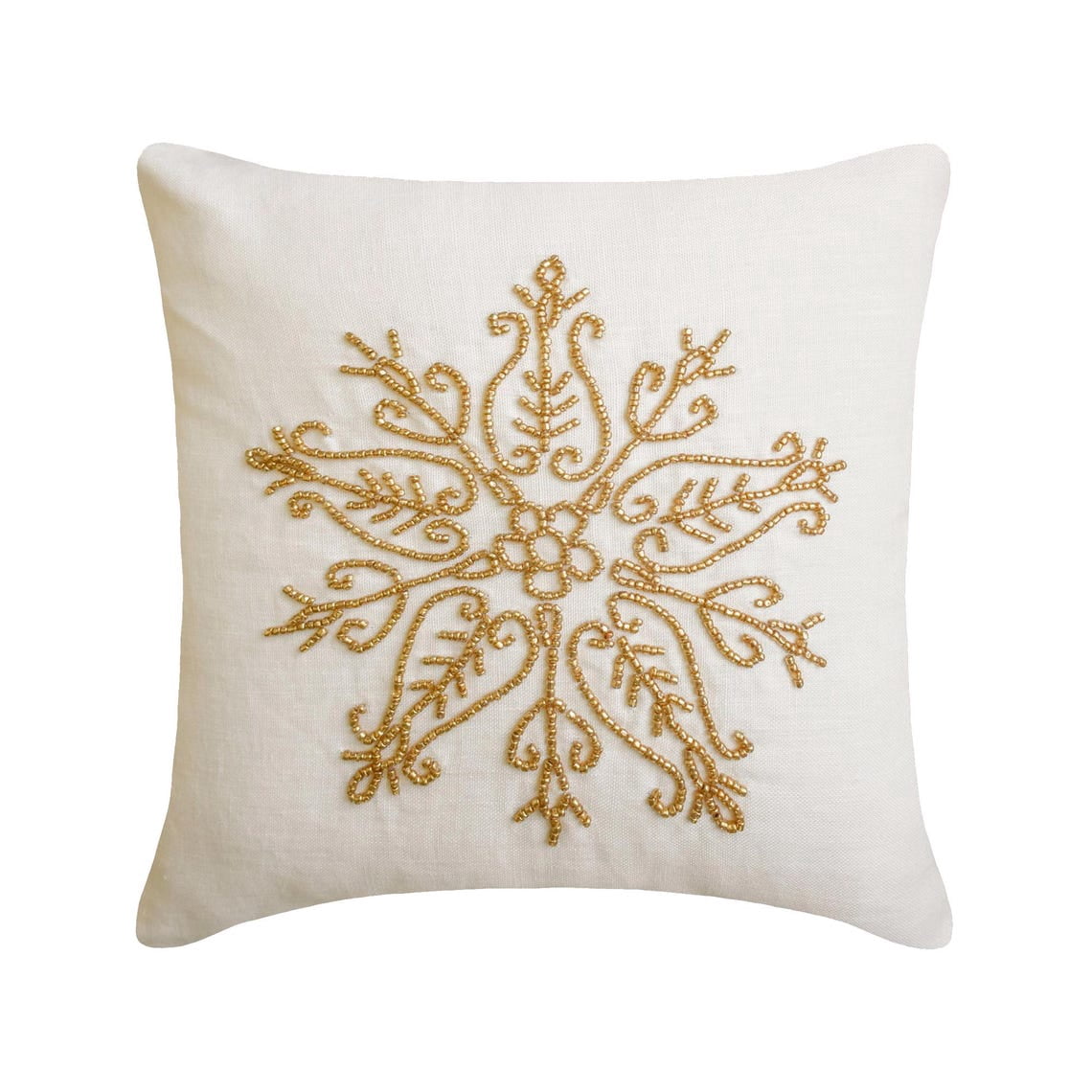 Handmade Throw Pillow cover, 22"x22" Gold Linen Cushion Cover, Contemporary Snowflake Beaded Snowflake Pillow Cover For Sofa Couch, Hotels, living Room, Bed Room - Gilded Frost