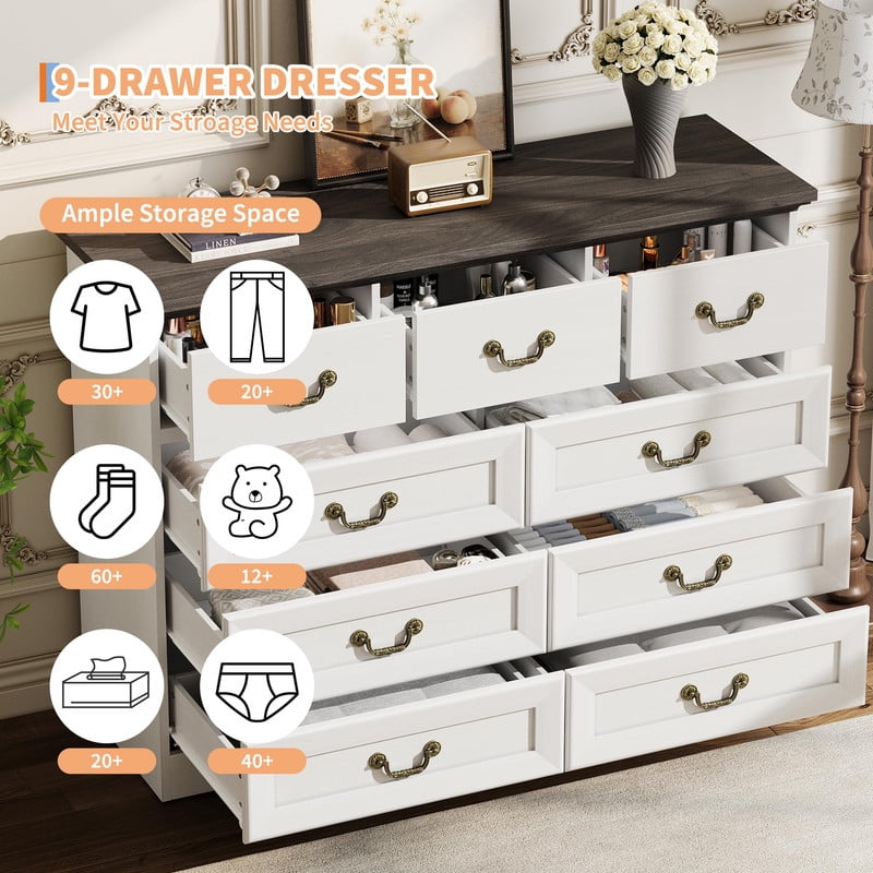 TROPOW Vintage 9 Drawer Dresser for Bedroom, 47" Wide Chest of Drawers with Natural Wood Texture, Wooden Storage Organizer for Closet, Living Room, Hallway,White
