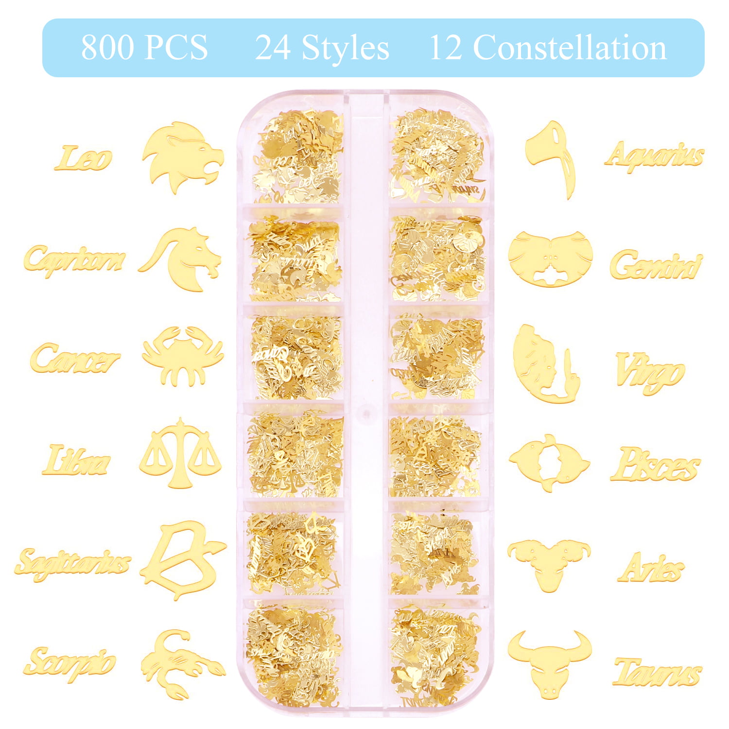 1200 PCS Zodiac Nail Charms - 2 Boxes Zodiac Nail Art Stickers, Gold Twelve  Cons