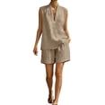 thumbnail image 2 of Mifsaly Linen Short Sets for Women Sleeveless V Neck Lapel Tops and Elastic Waist Shorts Casual Summer Vacation Beach Loungewear with Pockets Khaki,XL, 2 of 7