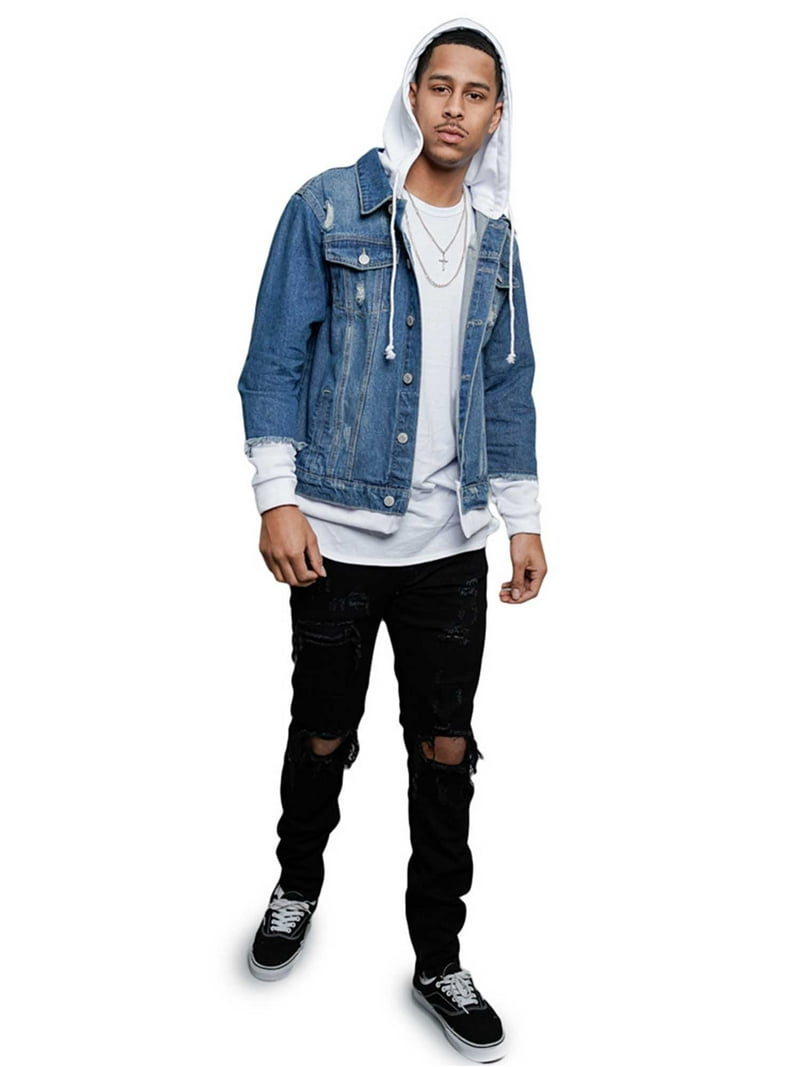 Victorious Men's Hoodie Layered Ripped Denim Jacket with