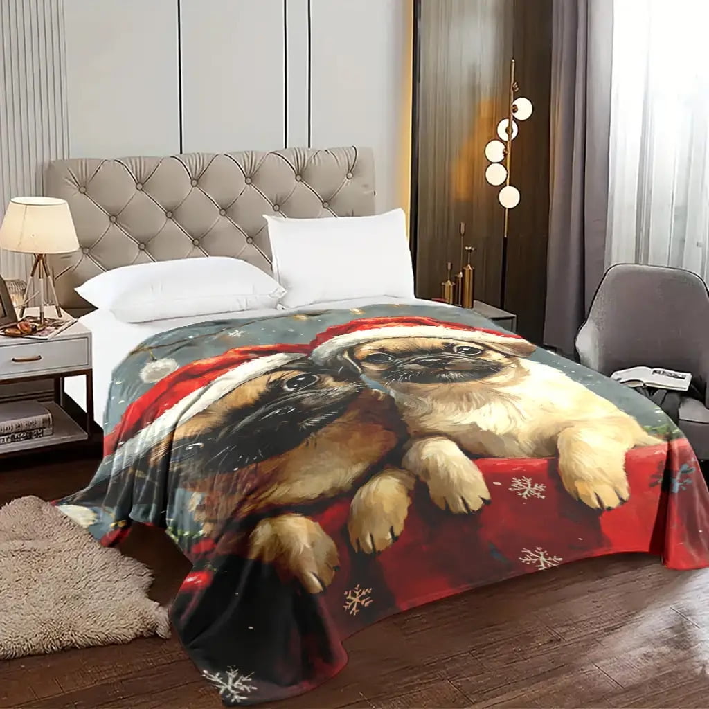 1pc Cozy Christmas Pug Dogs Flannel Blanket - All Seasons Fantasy Themed Soft Warm Quilted Throw with Digital Print, Machine Washable, Multipurpose for Napping, Camping, Travel, Office Decor