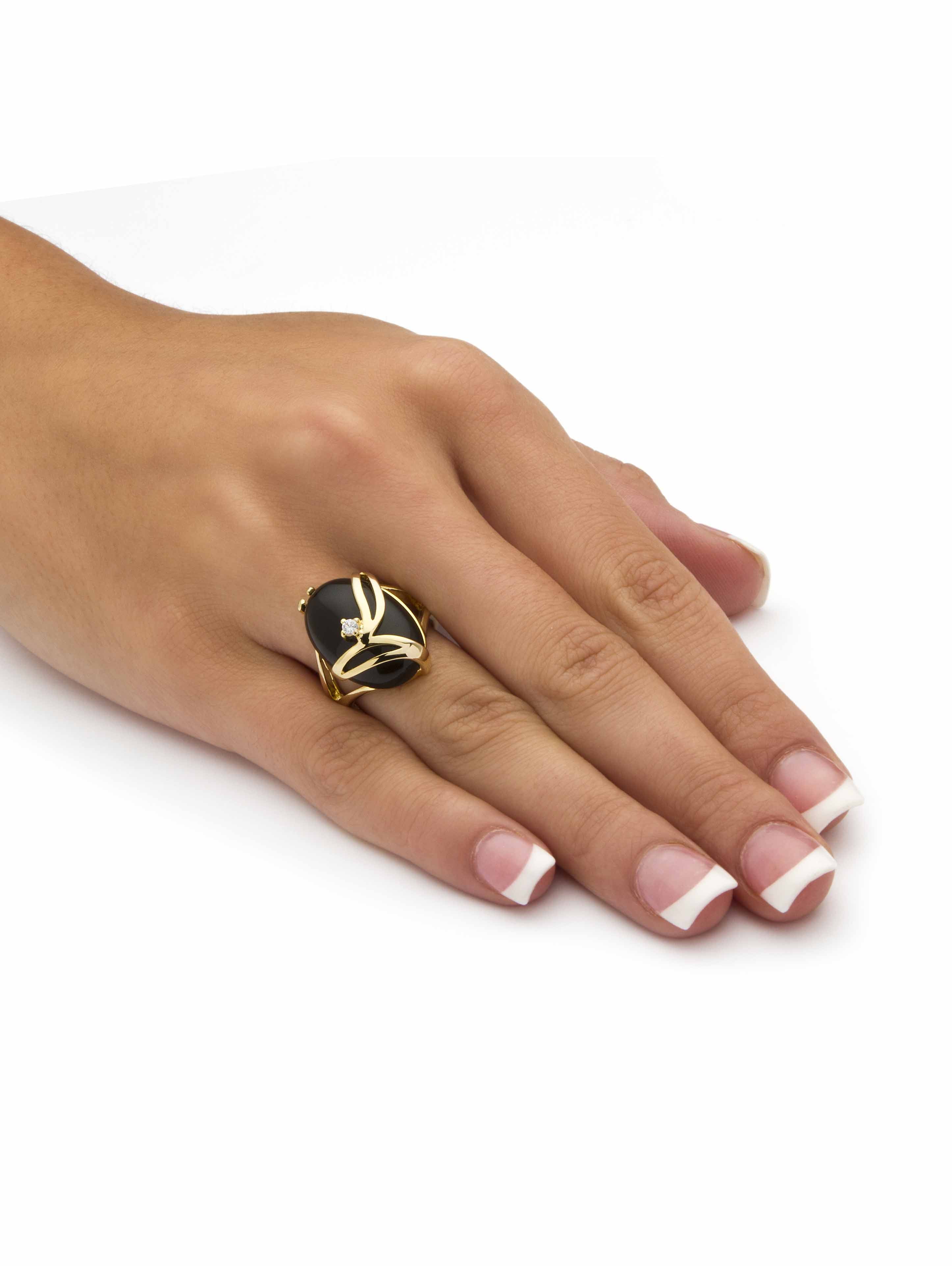 PalmBeach Jewelry Oval-Shaped Onyx and Crystal Accent Cocktail Ring in Gold-Plated or Platinum-Plated