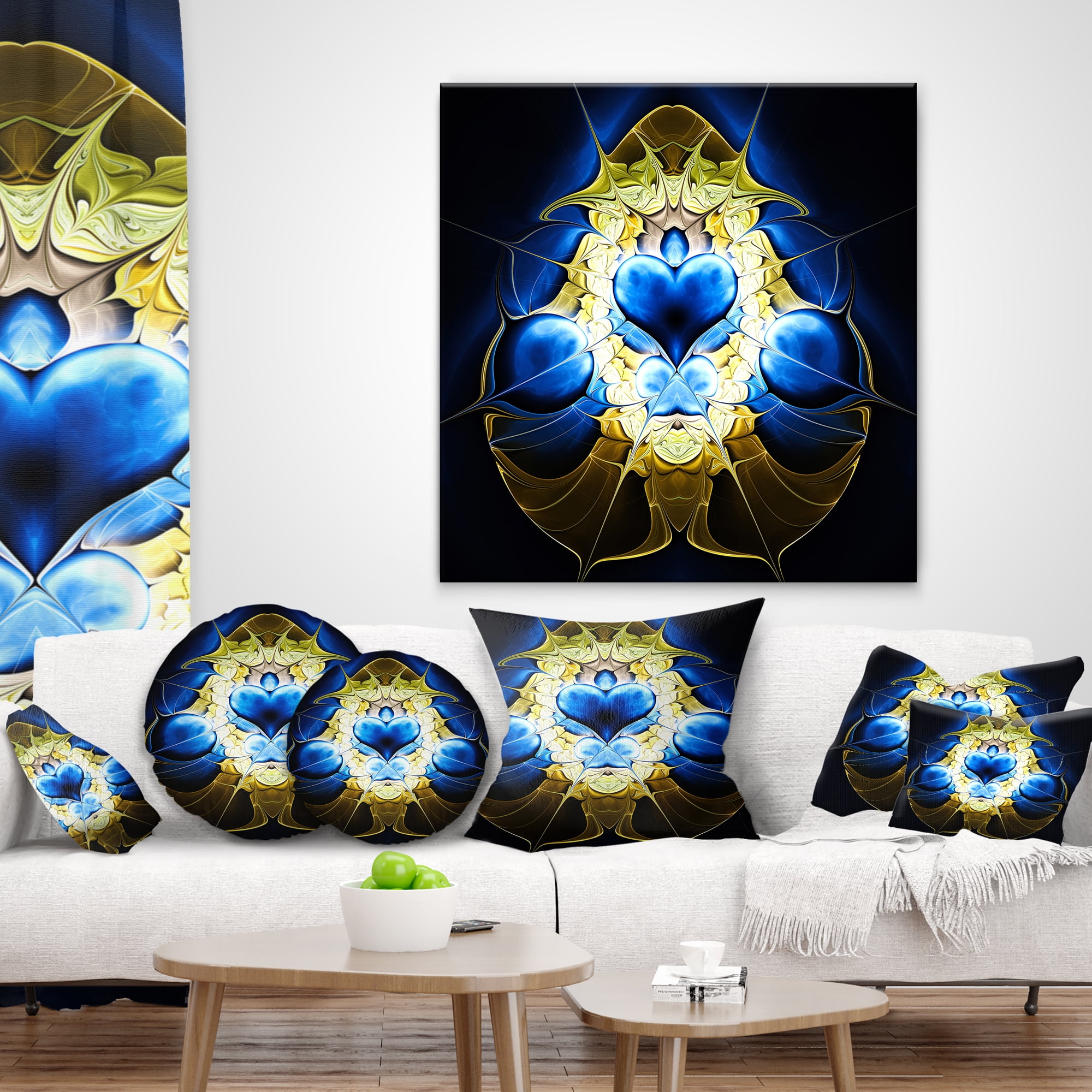 Designart Large Blue Gold Symmetrical Fractal Heart - Abstract Throw Pillow - 12x20
