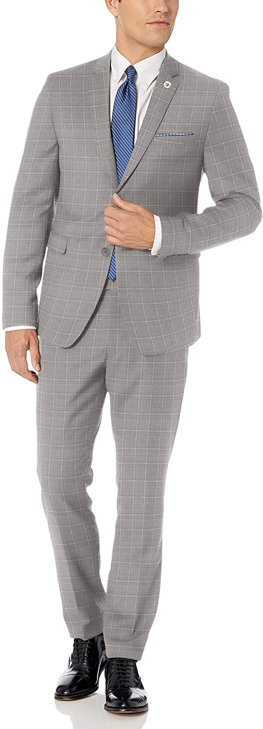Original Penguin Men's Two Piece Slim Fit Suit, Silver Plaid, 40