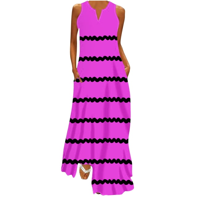 Dvkptbk Women's 2024 Robes d'Été Mode à Rayures Imprimées Sans Manches à Col en V à Étages Fluides Robe de Plage Vacances Fête Longue Robe Débardeur Maxi