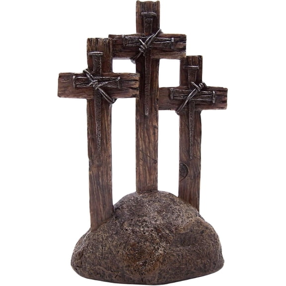 Wowser Brands Trinity Nail Crosses on Rock Statue, 11 inch, Spiritual Decor, Religious Crucifixion Sculpture for Home
