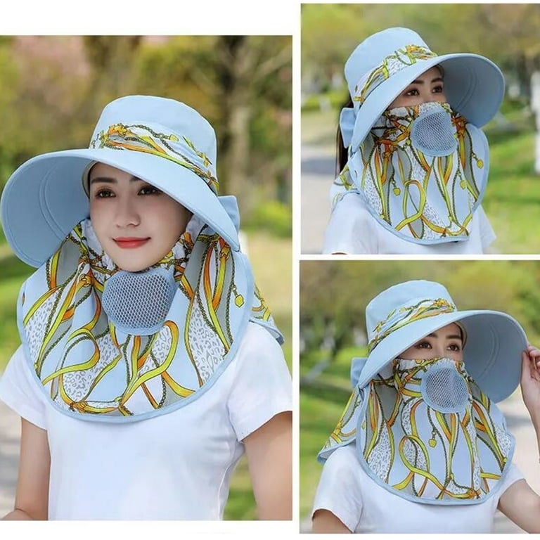 Women Sun Wide Brim UV Protection Fishing Hats Foldable Ponytail Summer Hat  with Detachable Flap-Blue 