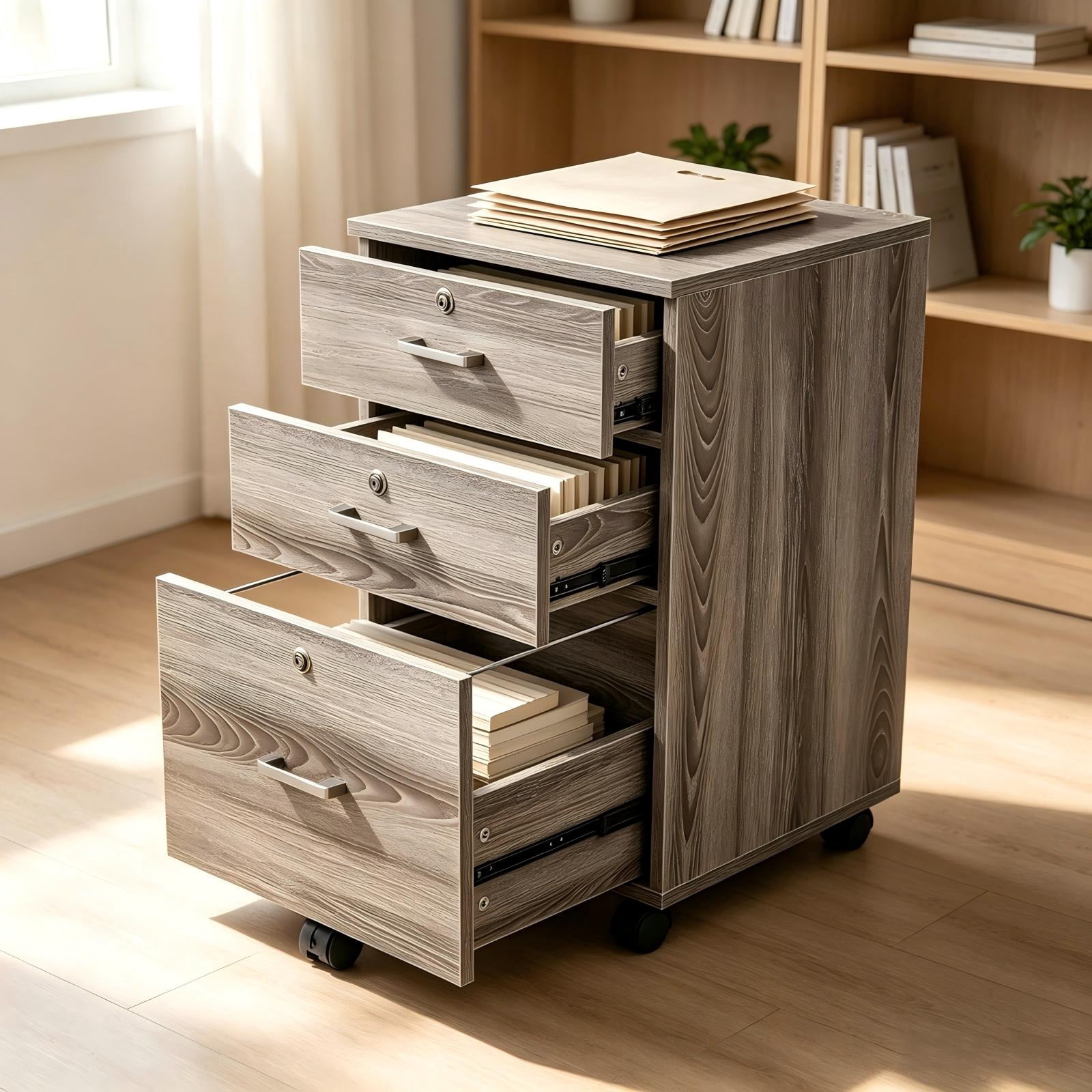 3-Drawer Particleboard Filing Cabinet, 15.7 x 15.7 x 26 in, Grey Oak
