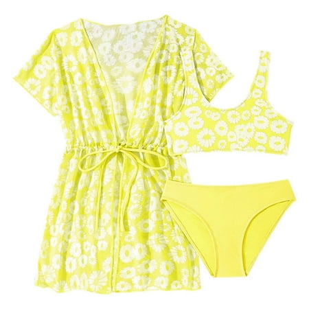 Shadoumai Girl s 3 Piece Bikini Bathing Suit Printed Sport Swimsuits with Shorts Cove Up Sets Teen Girl s Swimwear