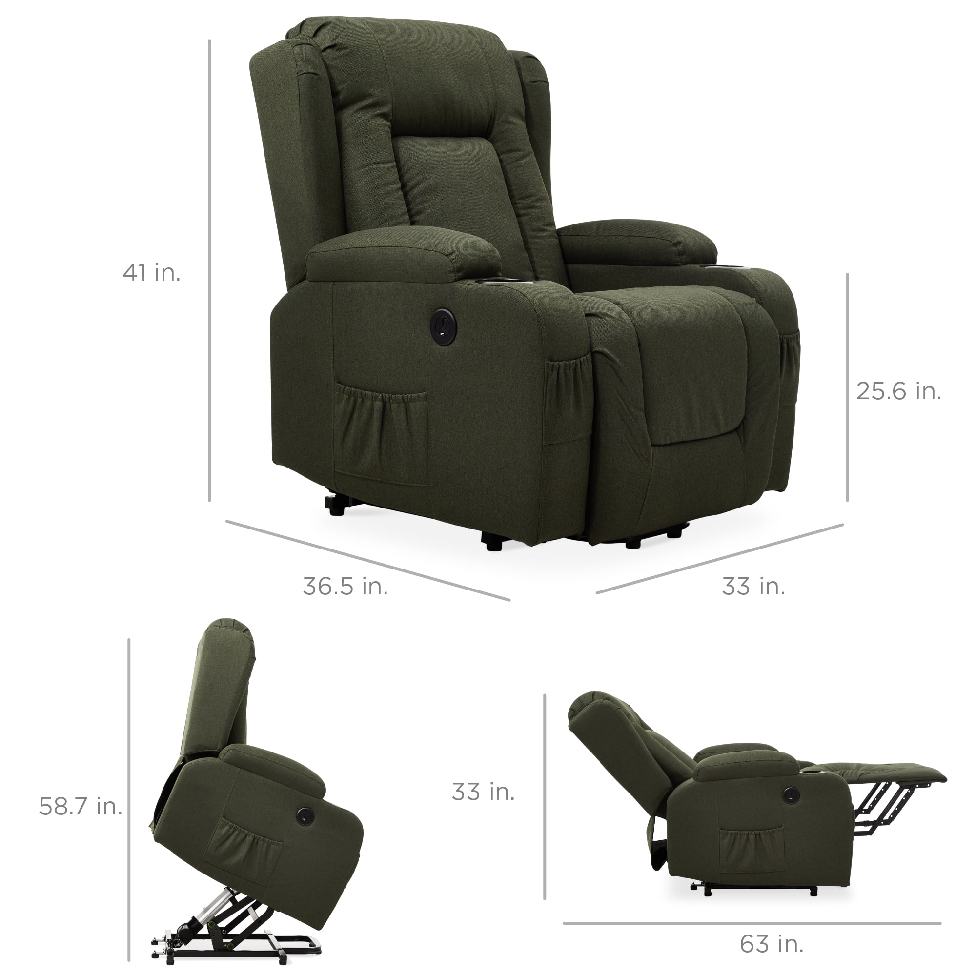 Best Choice Products Electric Power Lift Linen Recliner Massage Chair Furniture w/ USB Port, Heat, Cupholders - Olive
