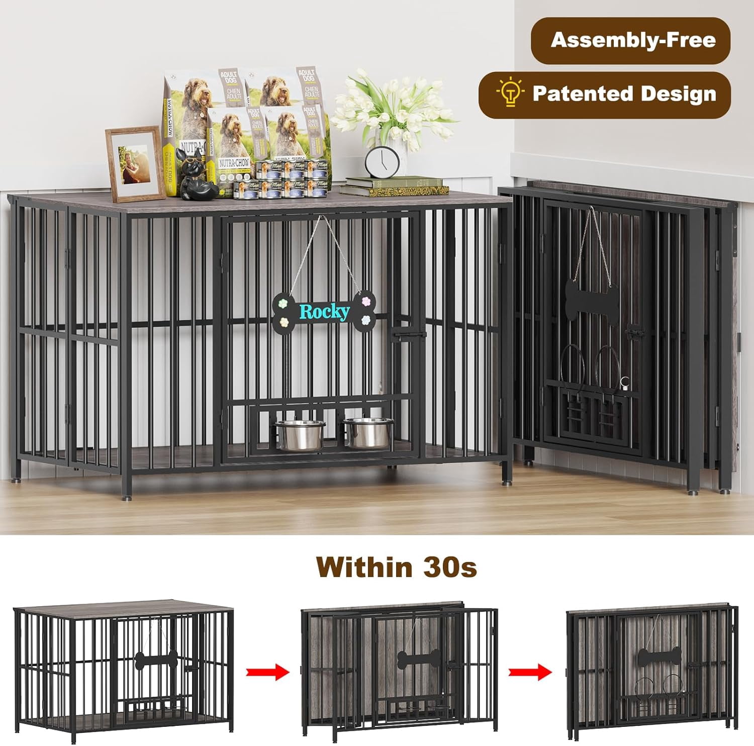 POAO 43"Dog Crate Furniture Foldable, No Assembly Dog Kennel Indoor for Large Dogs (60-80 lbs), Dog Cage with Adjustable Bowls &Name Tag,End Table