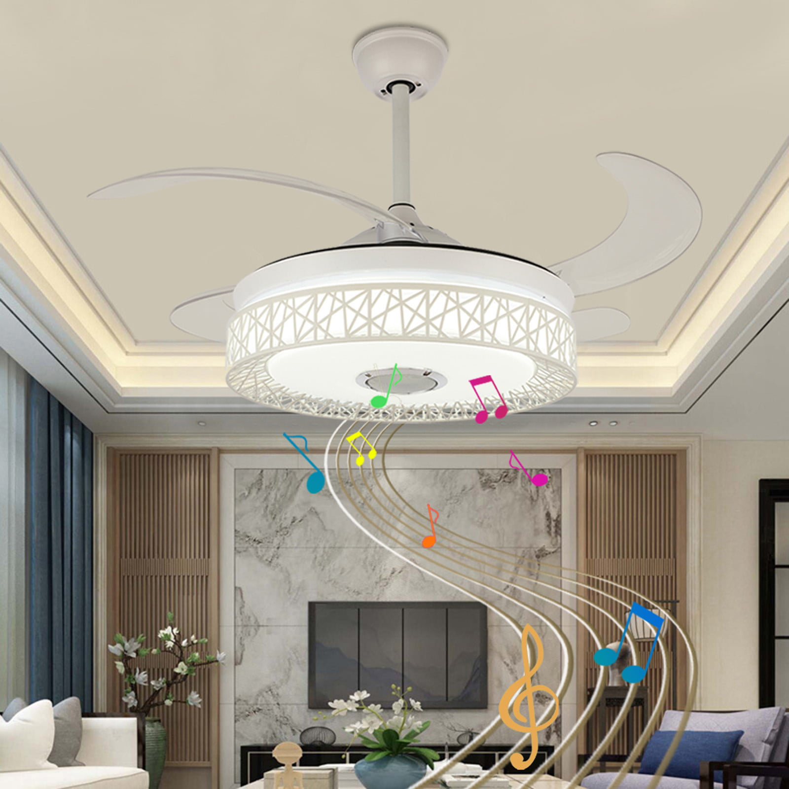 42" Modern Invisible Ceiling Fan LED Light Retractable Chandelier Fandelier RC 