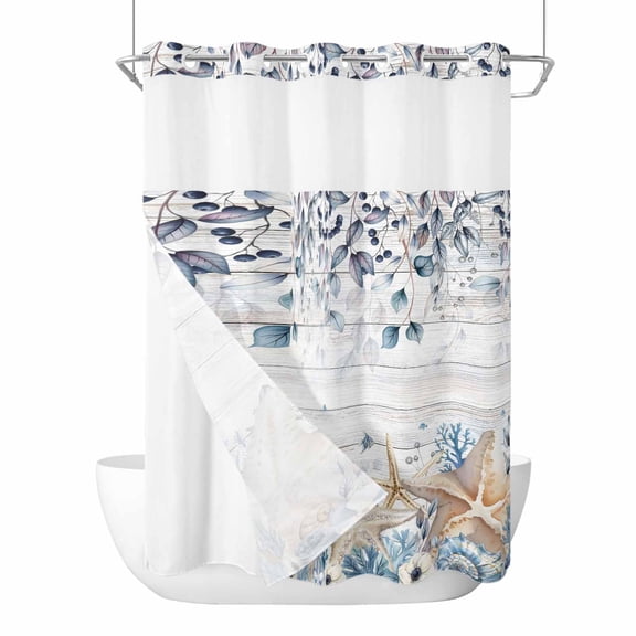 No Hook Shower Curtains with Snap-in Liner Set, Blue Beige Coastal Waterproof Hotel Style Bathroom Shower Curtain, Beach Starfish Summer Eucalyptus Retro Breathable Mesh Top Bath Curtains 72''x84''
