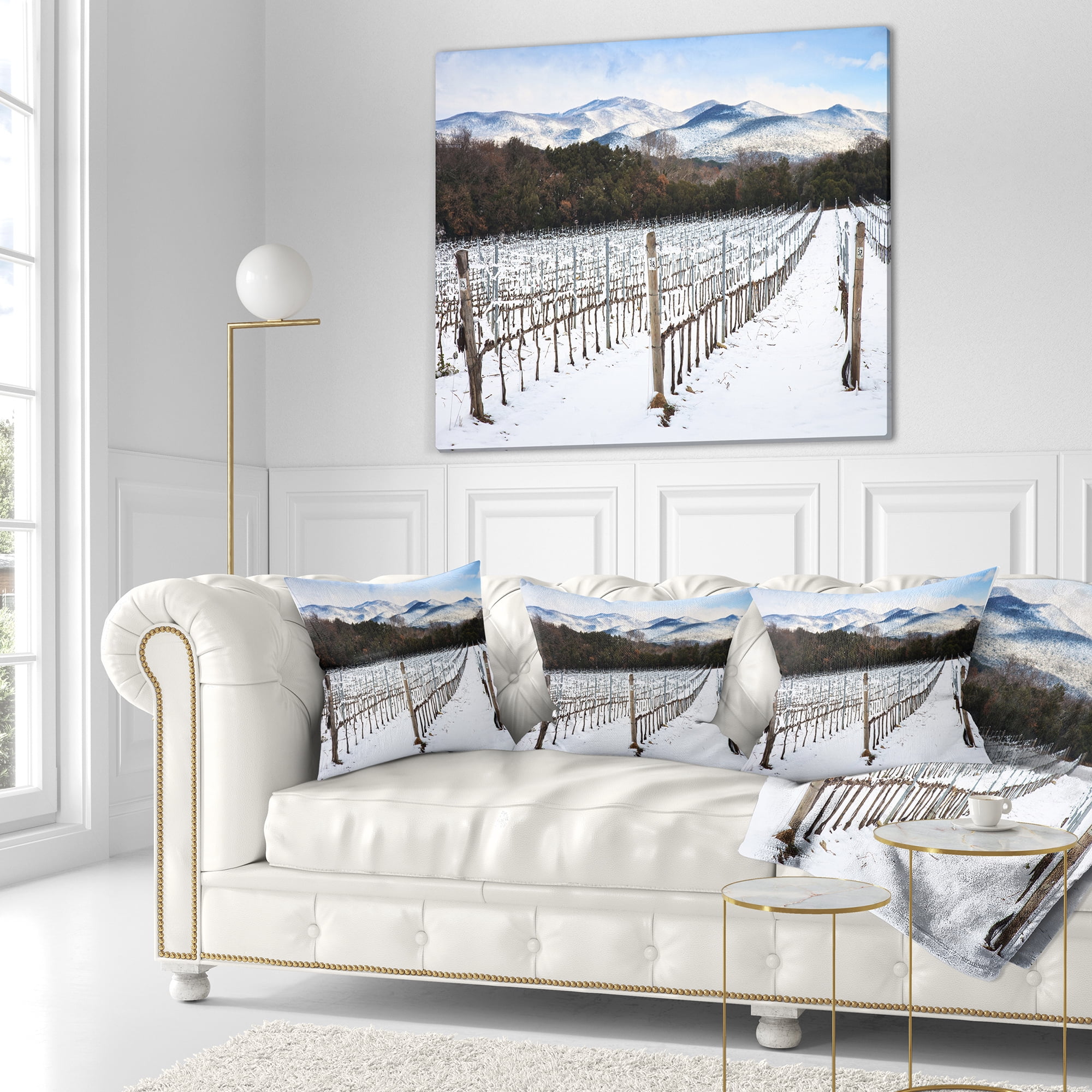 Designart Snow Covered Vineyard Rows Italy - Landscape Printed Throw Pillow - 16x16