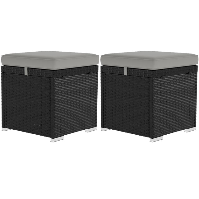 CoSoTower 2 Pieces Wicker Outdoor Ottoman with Storage, Cushion, Square Outdoor Footstool, Seating, Side Table, Light Grey