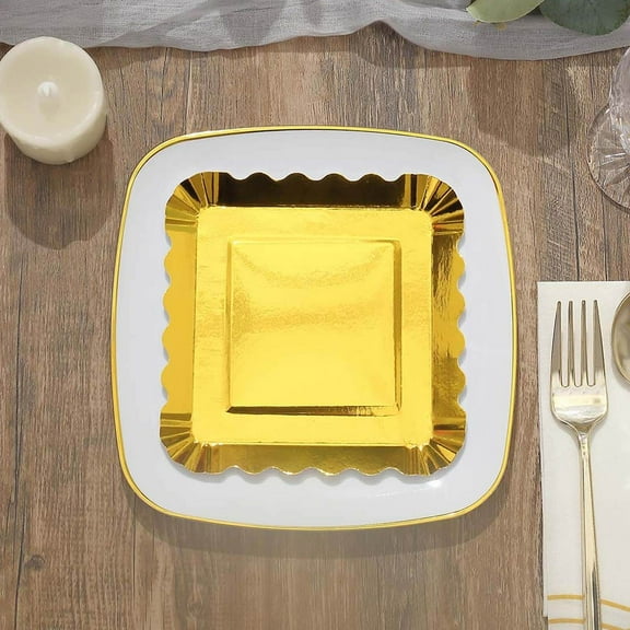 Efavormart 50 Pack | 5" Gold Foil Scalloped Rim Dessert Paper Plates, Disposable Square Appetizer Plates