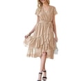 thumbnail image 3 of Mujeres Verano Casual Midi Vestido Suizo Punto V-Cuello Mosca Manga Lazo Plisado Ruffle Vestido Playa Vacaciones Vestido de gasa Nituyy Vestido plisado multicolor, 3 of 5