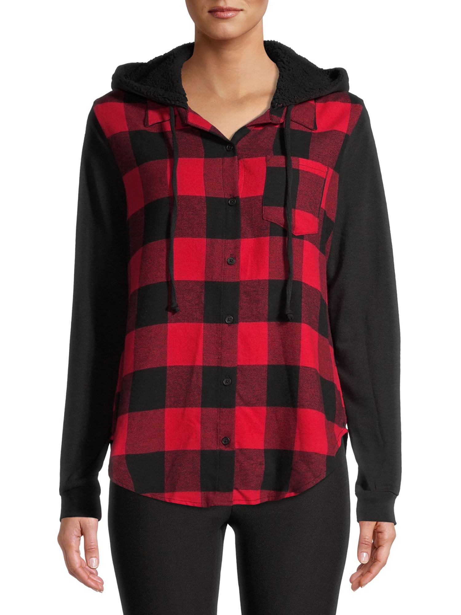 No Boundaries Juniors' Flannel Top with Hood - Walmart.com