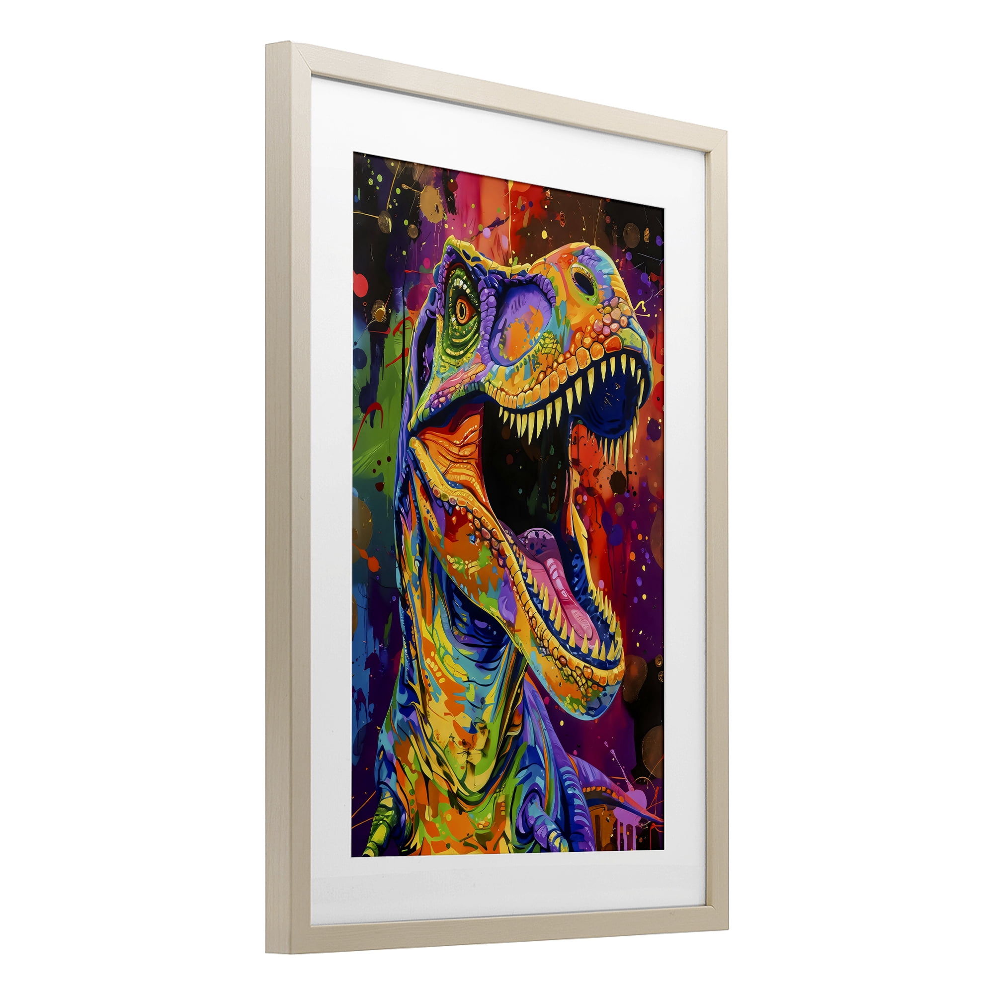 Stupell Industries Paint Splatter Urban T-Rex Birch Framed Print Under Glass, design by Creative Studio