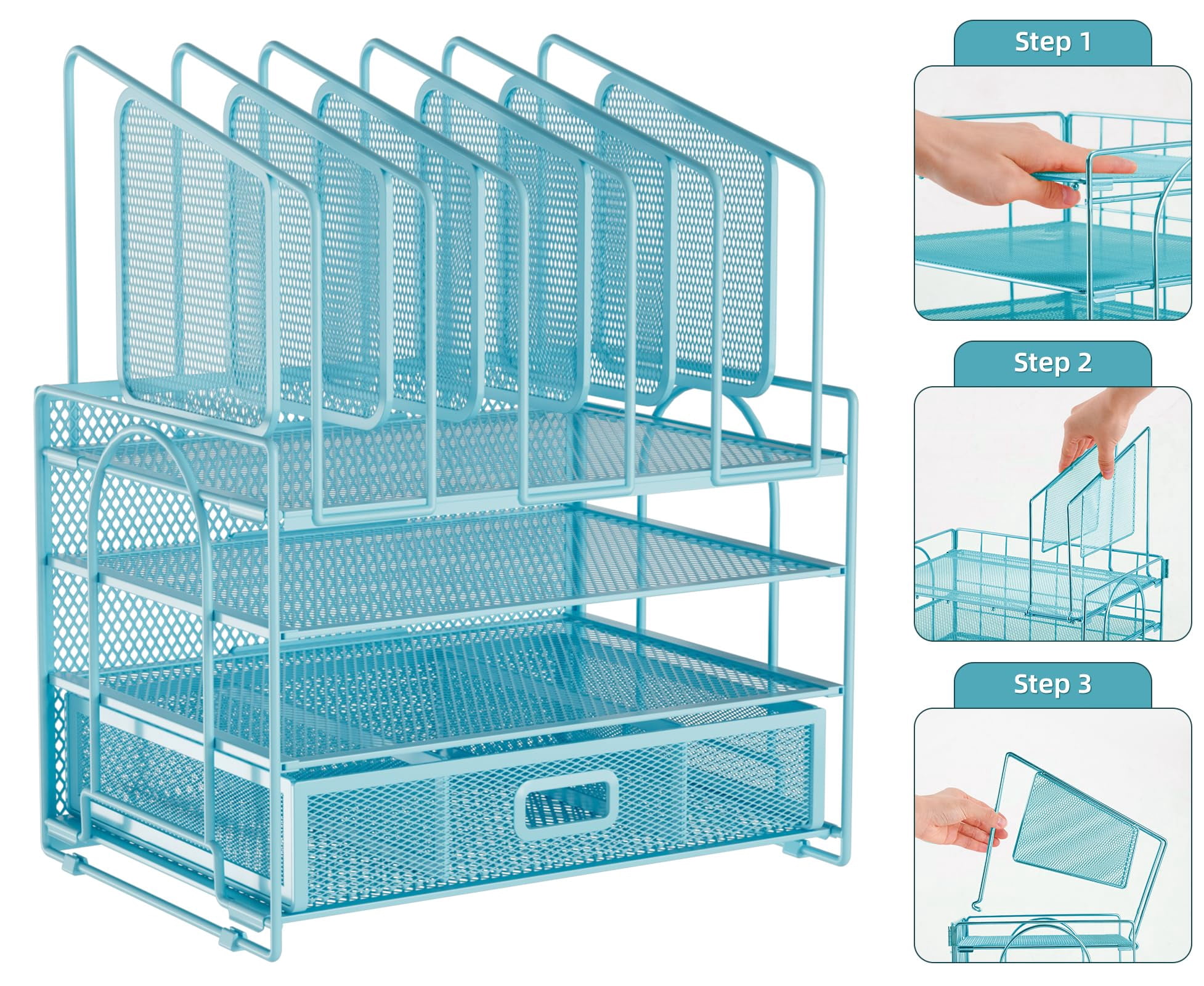 Desk Organizers  4-tier Mesh File Organizer With 5 Vertical Holders And 2 Pen Multifunction Desktop Accessories For Home Office (blue)