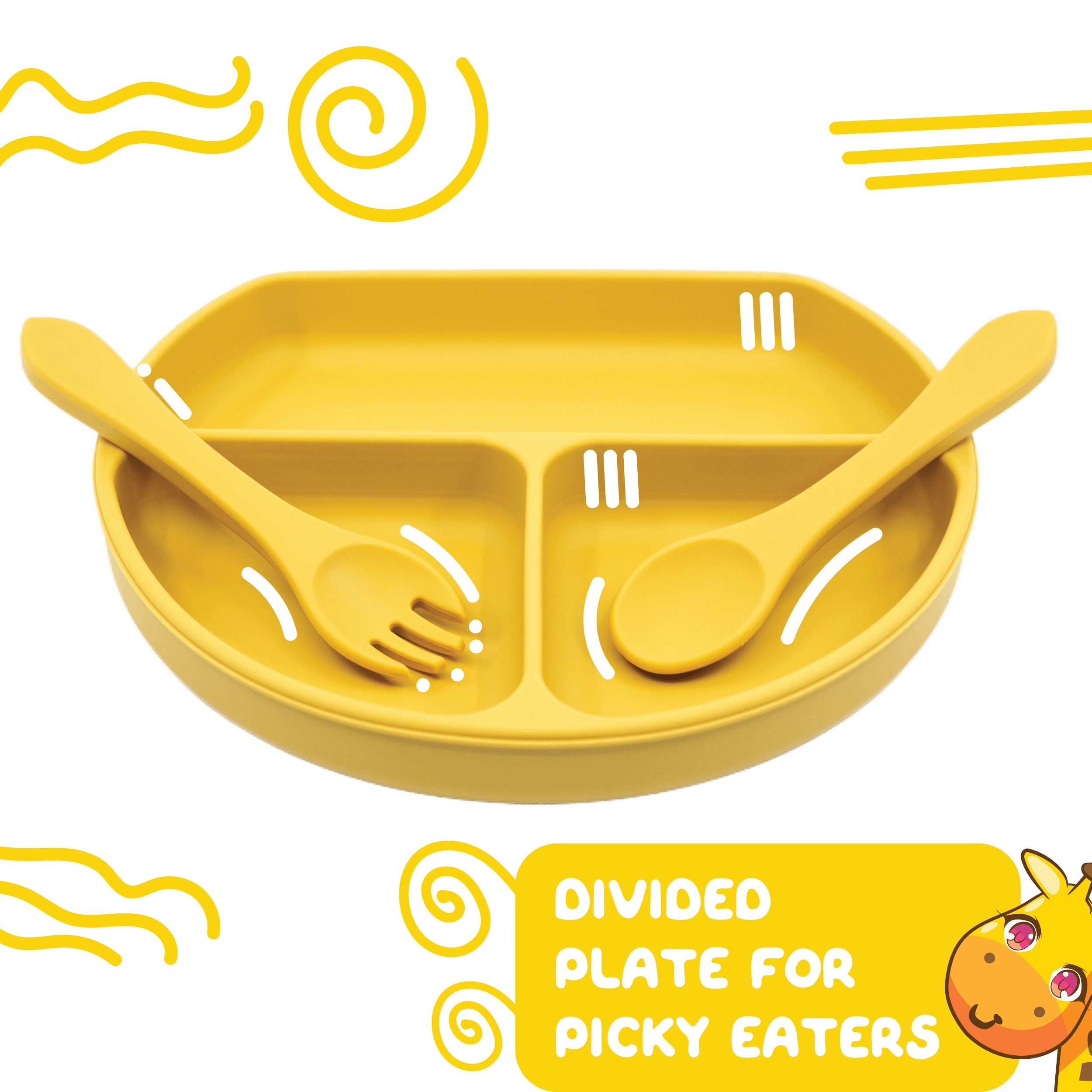 Muqee Peeko Mustard Yellow Silicone Baby and Toddler Feeding Set - Plate Set with Utensils (6 Piece Set)