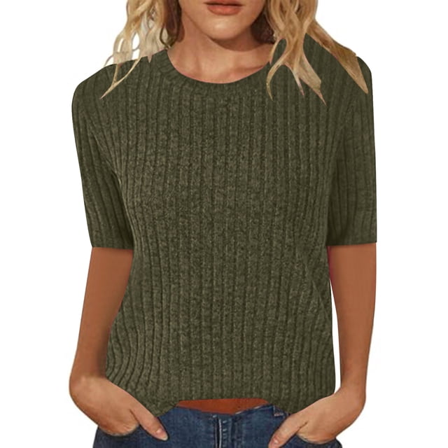 ZVAVZ Womens Tops Trendy,Womens Summer Solid Color Tunic Blouses Short Sleeve Round Neck T-Shirts Soft Knit Work Pullover Tops Clearance Sales Today Army Green L